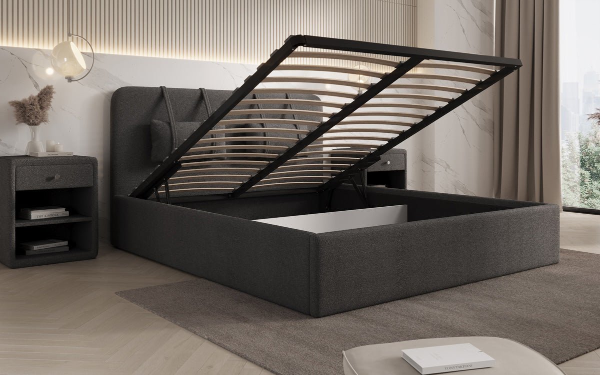 Designer gestoffeerd bed Alma in Bouclé met opbergruimte