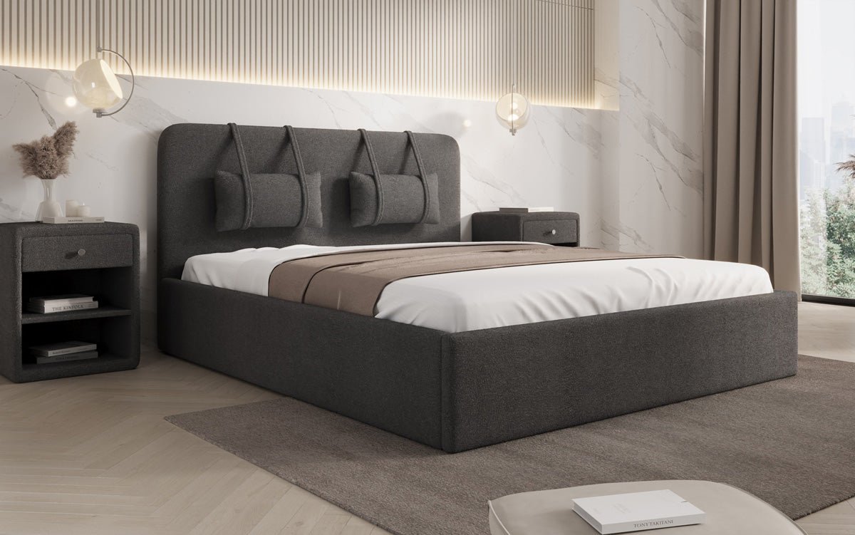 Designer gestoffeerd bed Alma in Bouclé met opbergruimte