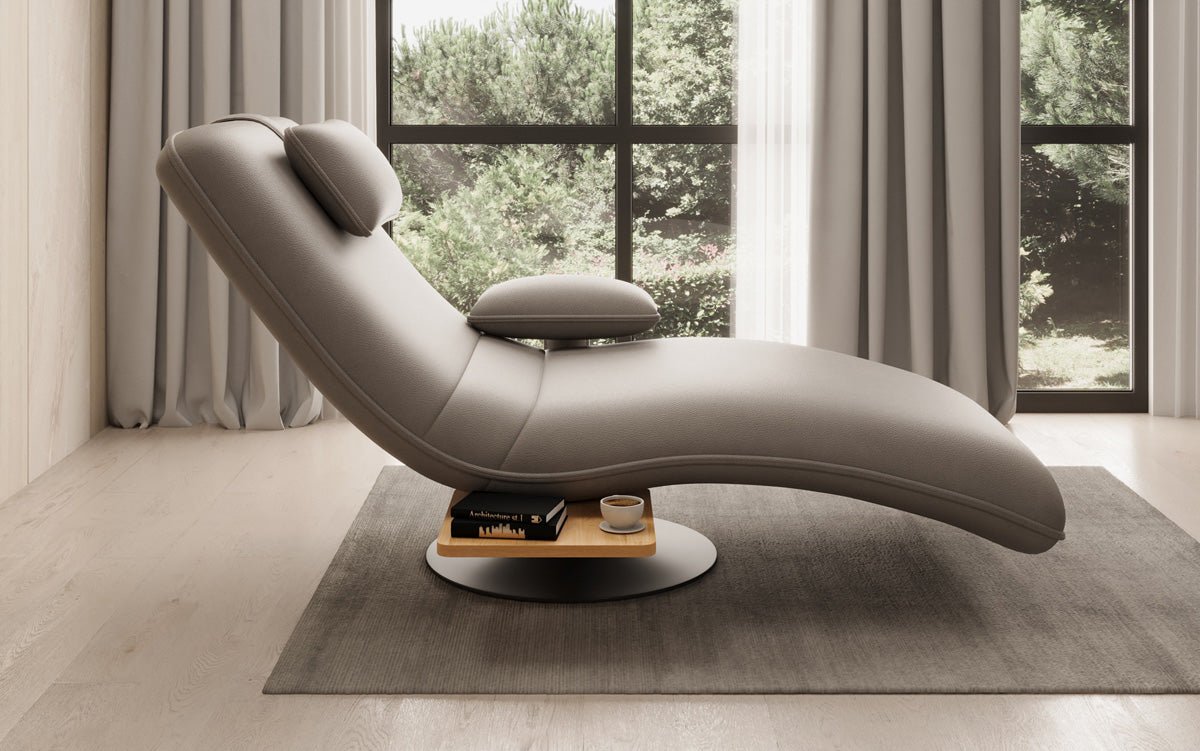 Designer relax-ligstoel velours echt leer met draaifunctie en bijzettafel
