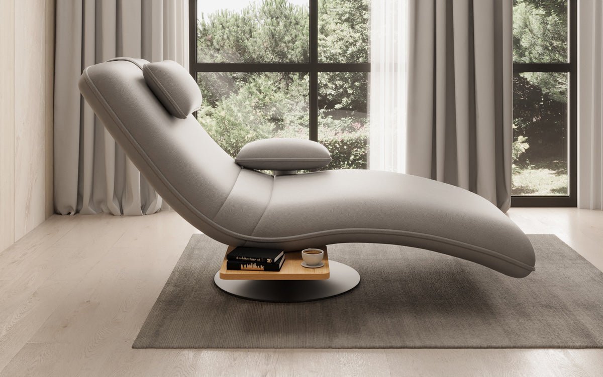 Designer relax-ligstoel velours echt leer met draaifunctie en bijzettafel