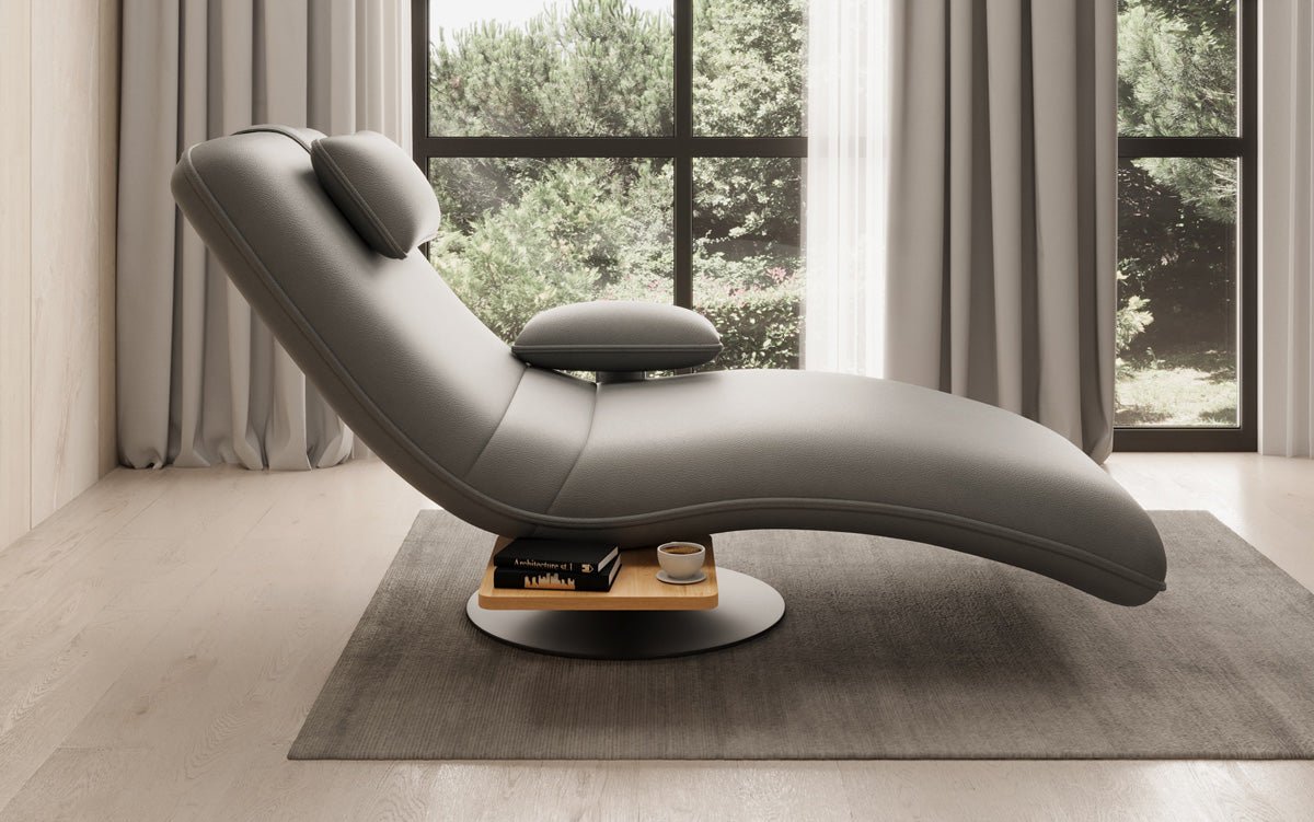 Designer relax-ligstoel velours echt leer met draaifunctie en bijzettafel