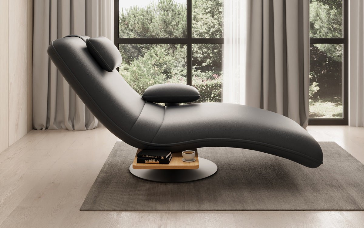 Designer relax-ligstoel velours echt leer met draaifunctie en bijzettafel