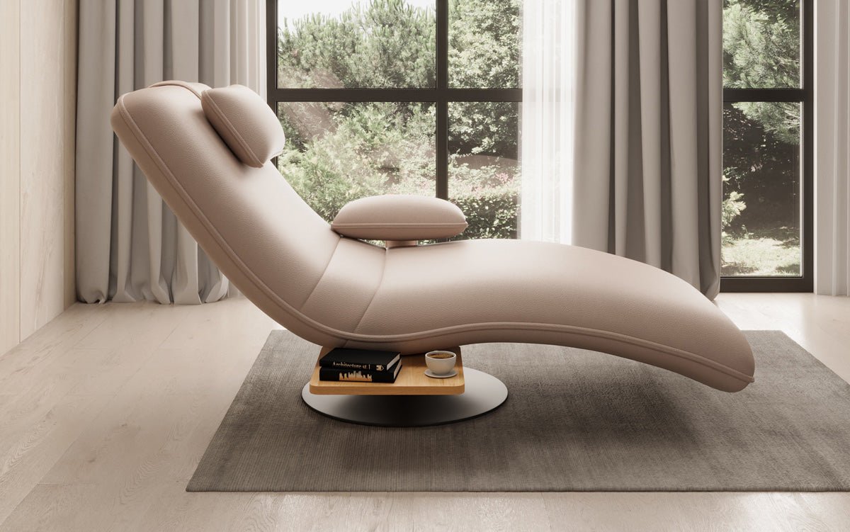 Designer relax-ligstoel velours echt leer met draaifunctie en bijzettafel