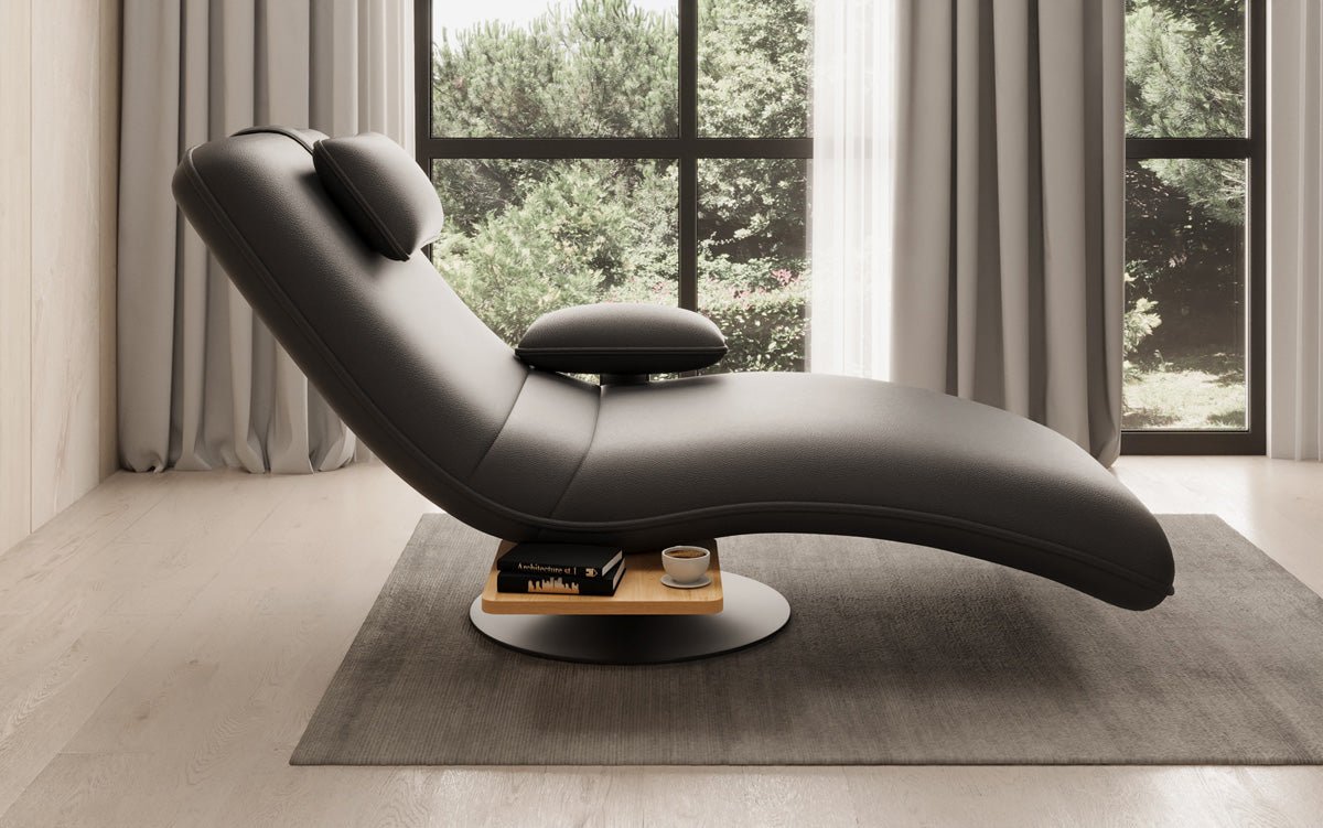 Designer relax-ligstoel velours echt leer met draaifunctie en bijzettafel