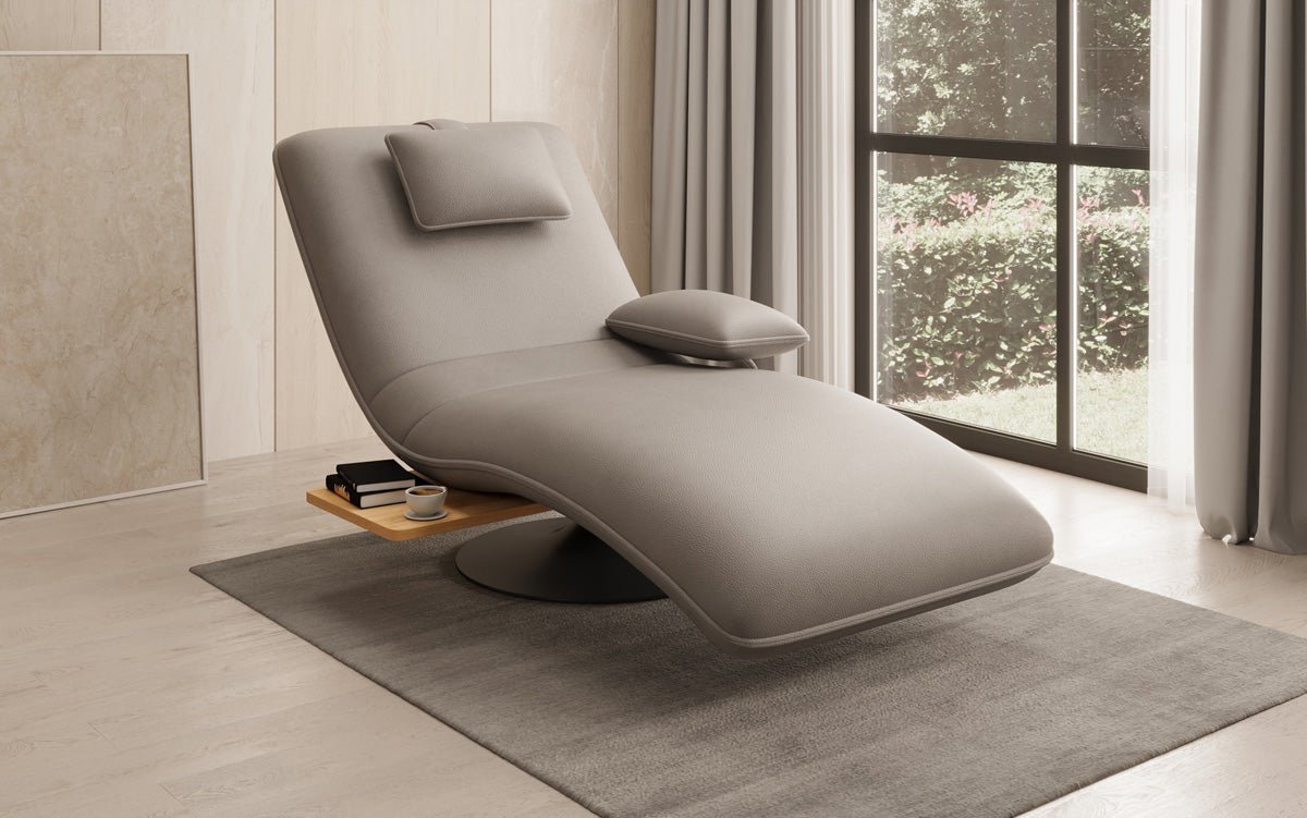 Designer relax-ligstoel velours echt leer met draaifunctie en bijzettafel