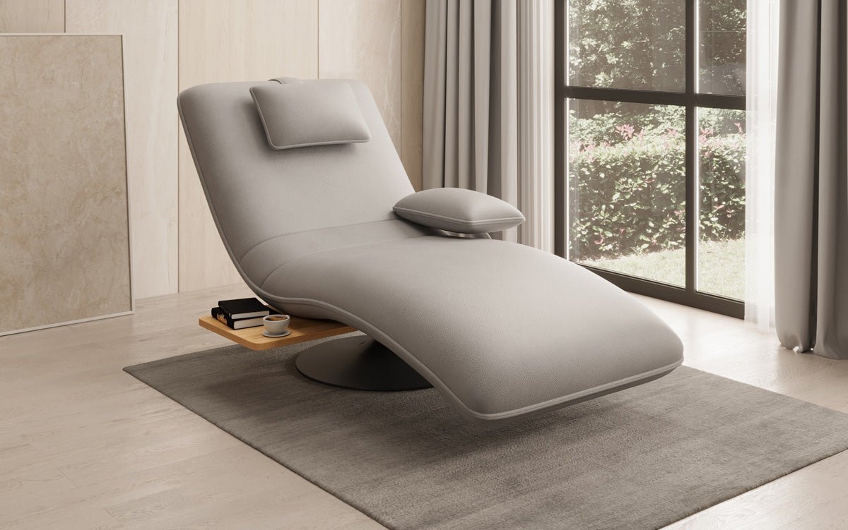 Designer relax-ligstoel velours echt leer met draaifunctie en bijzettafel