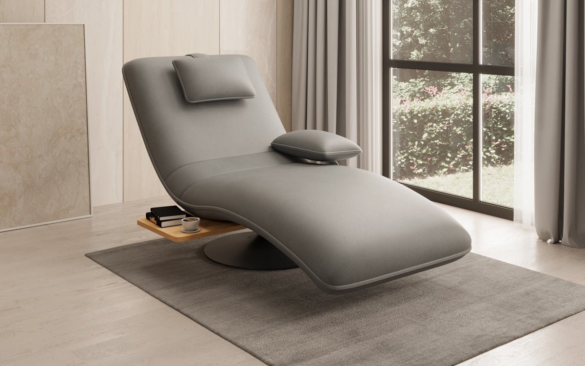Designer relax-ligstoel velours echt leer met draaifunctie en bijzettafel