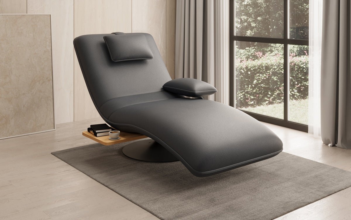 Designer relax-ligstoel velours echt leer met draaifunctie en bijzettafel