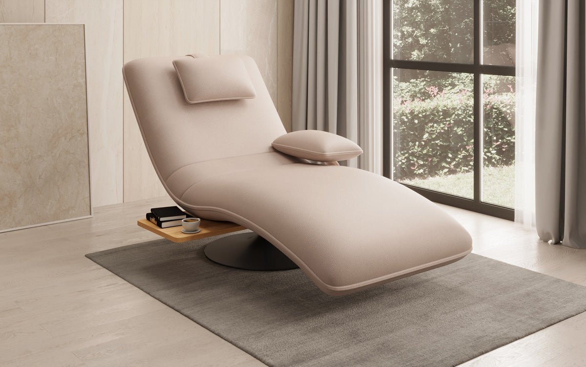 Designer relax-ligstoel velours echt leer met draaifunctie en bijzettafel