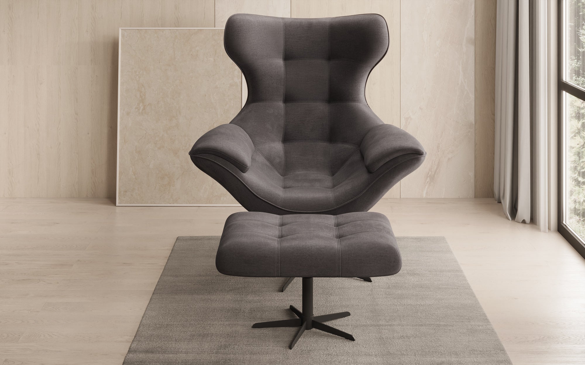 Designer Sofa-Sessel Aurelio inkl. Beistellhocker in Fluweel