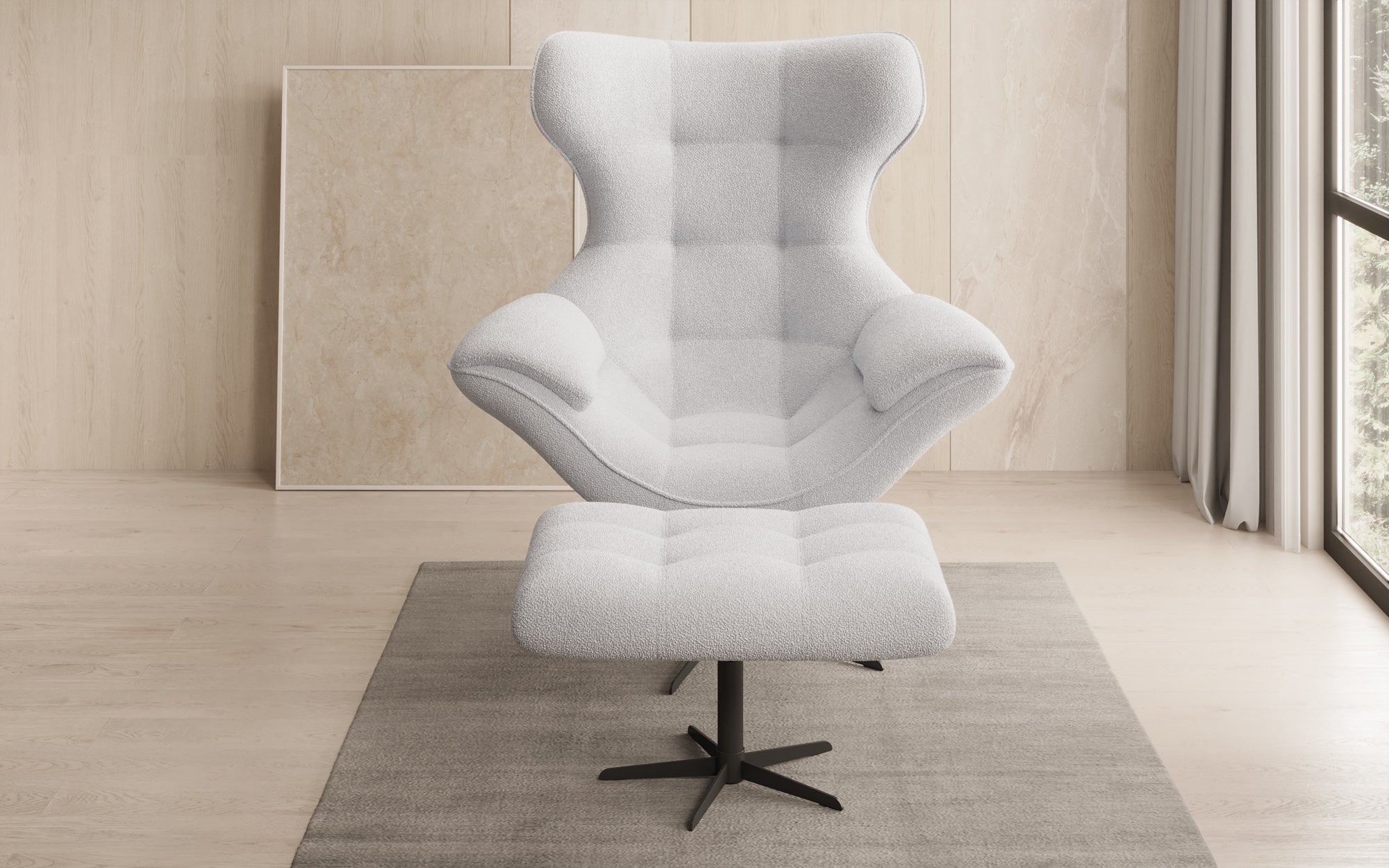 Designer bank-fauteuil Aurelio incl. bijzetkruk in Bouclé