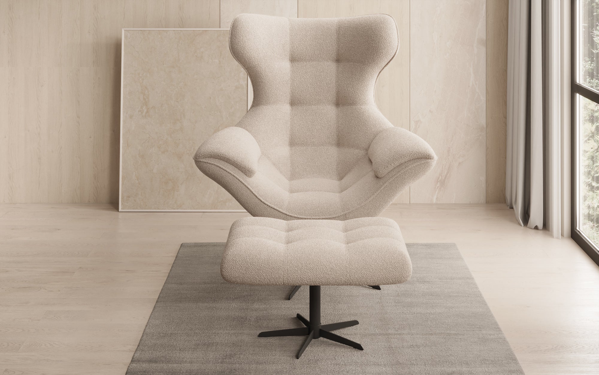 Designer bank-fauteuil Aurelio incl. bijzetkruk in Bouclé
