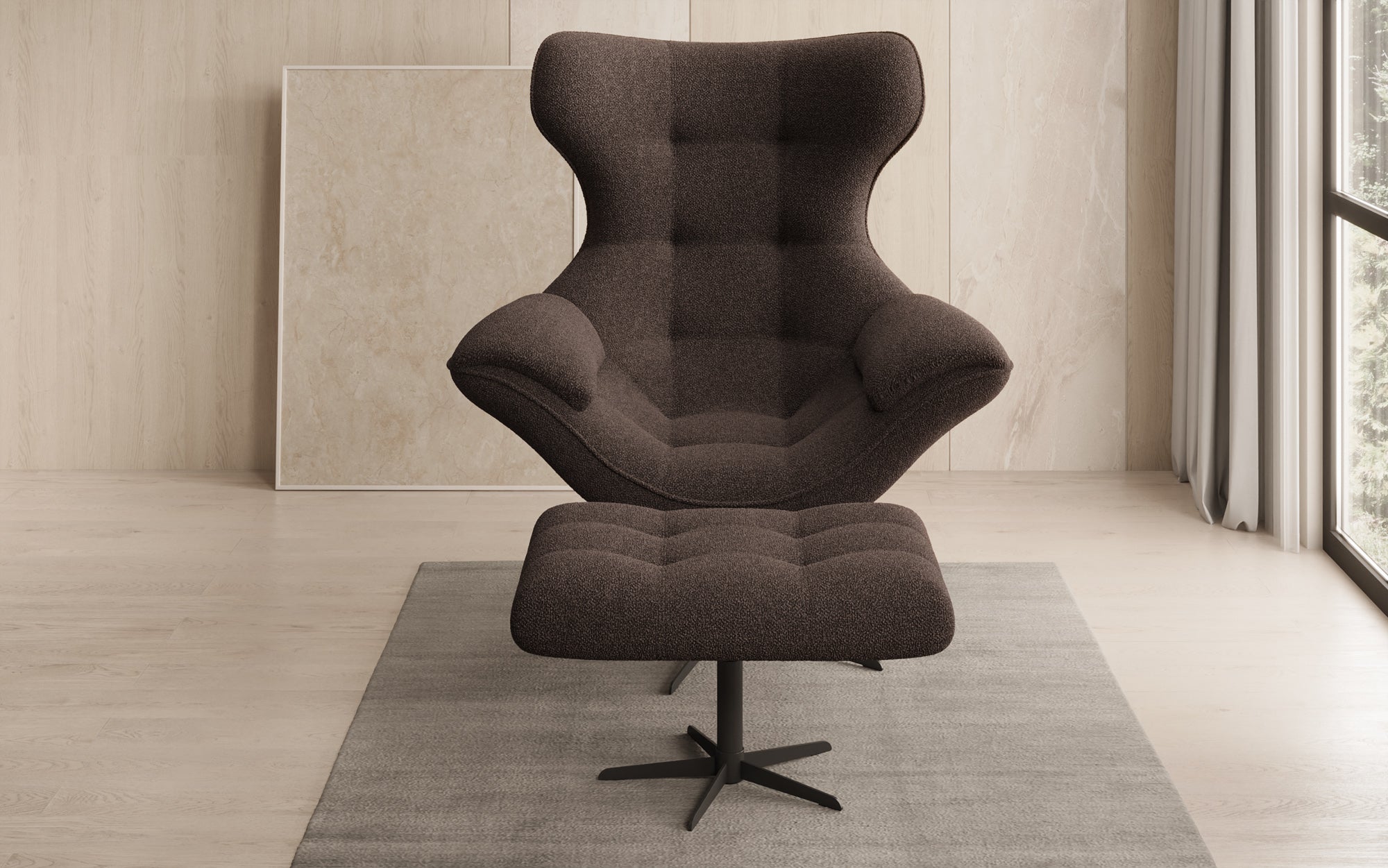 Designer bank-fauteuil Aurelio incl. bijzetkruk in Bouclé