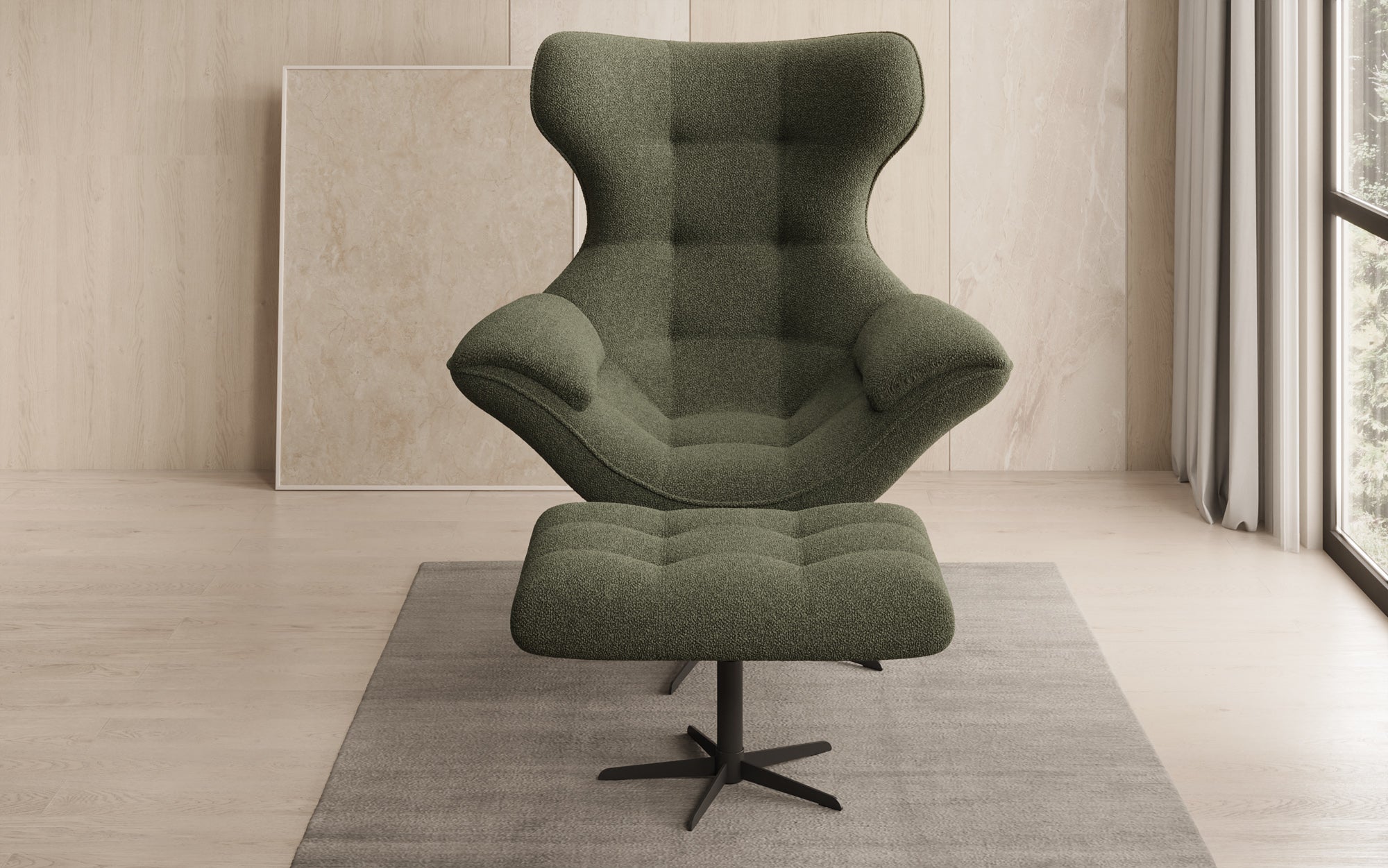 Designer bank-fauteuil Aurelio incl. bijzetkruk in Bouclé