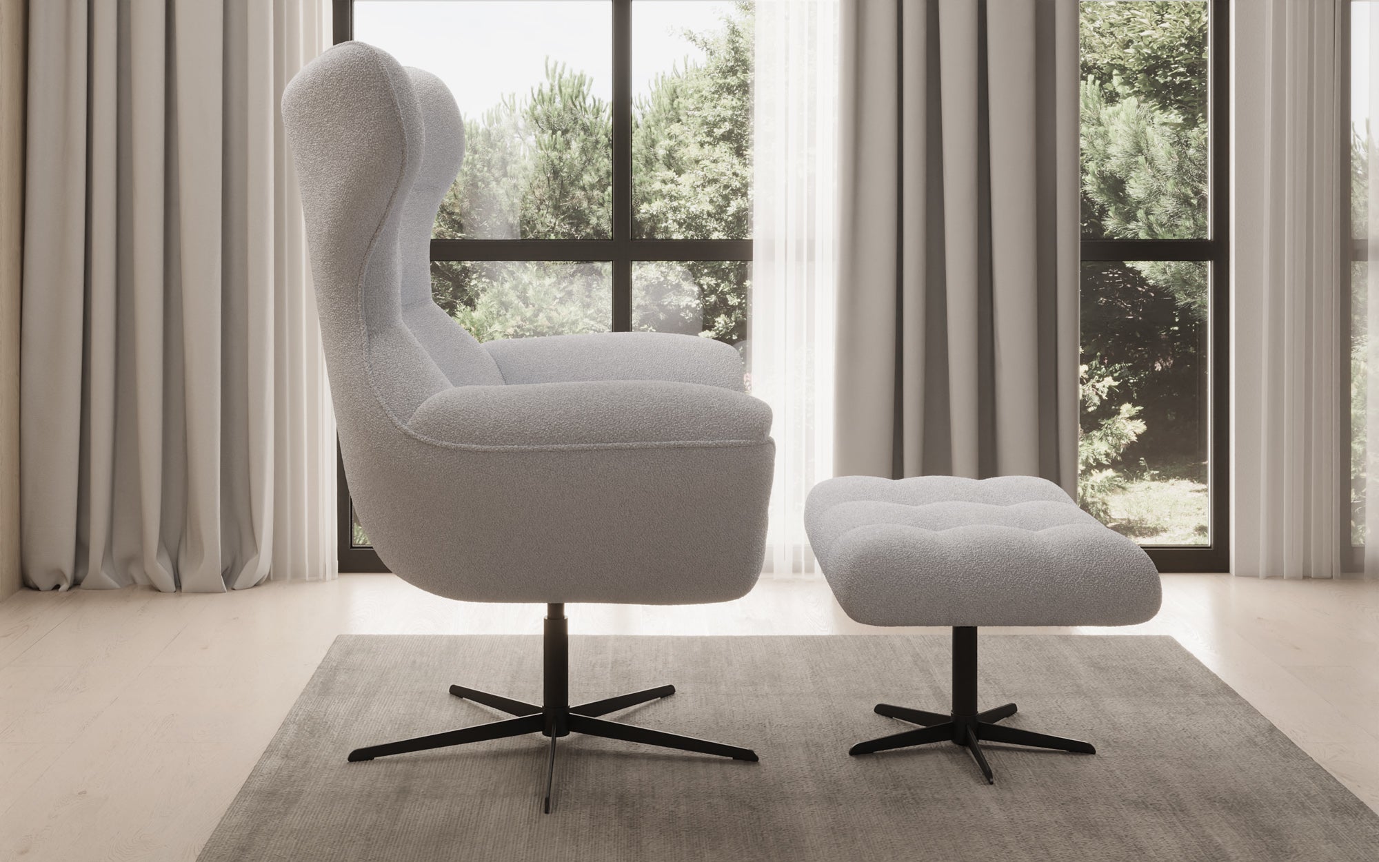 Designer bank-fauteuil Aurelio incl. bijzetkruk in Bouclé