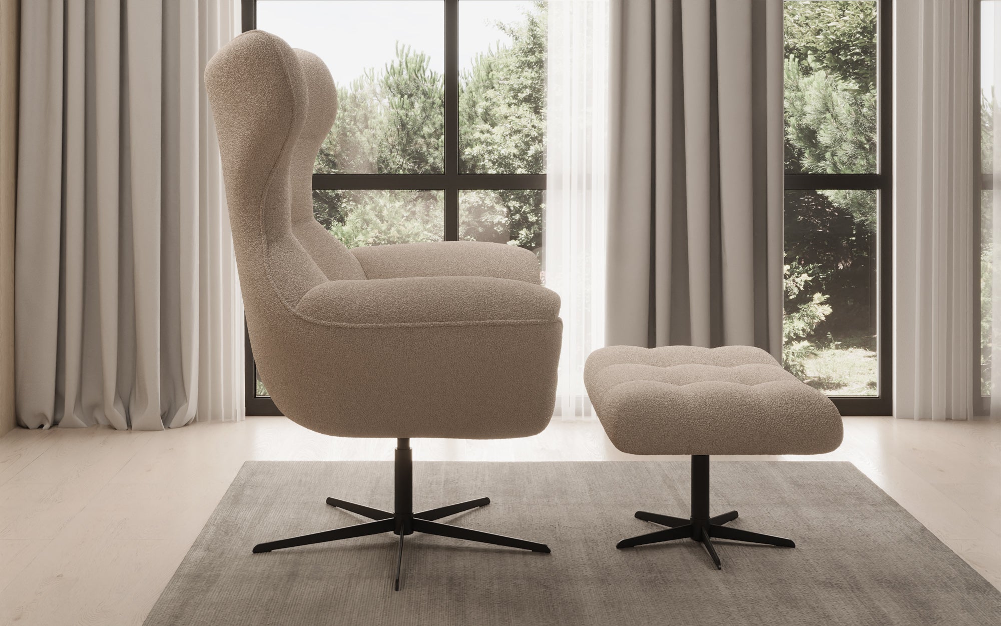 Designer bank-fauteuil Aurelio incl. bijzetkruk in Bouclé