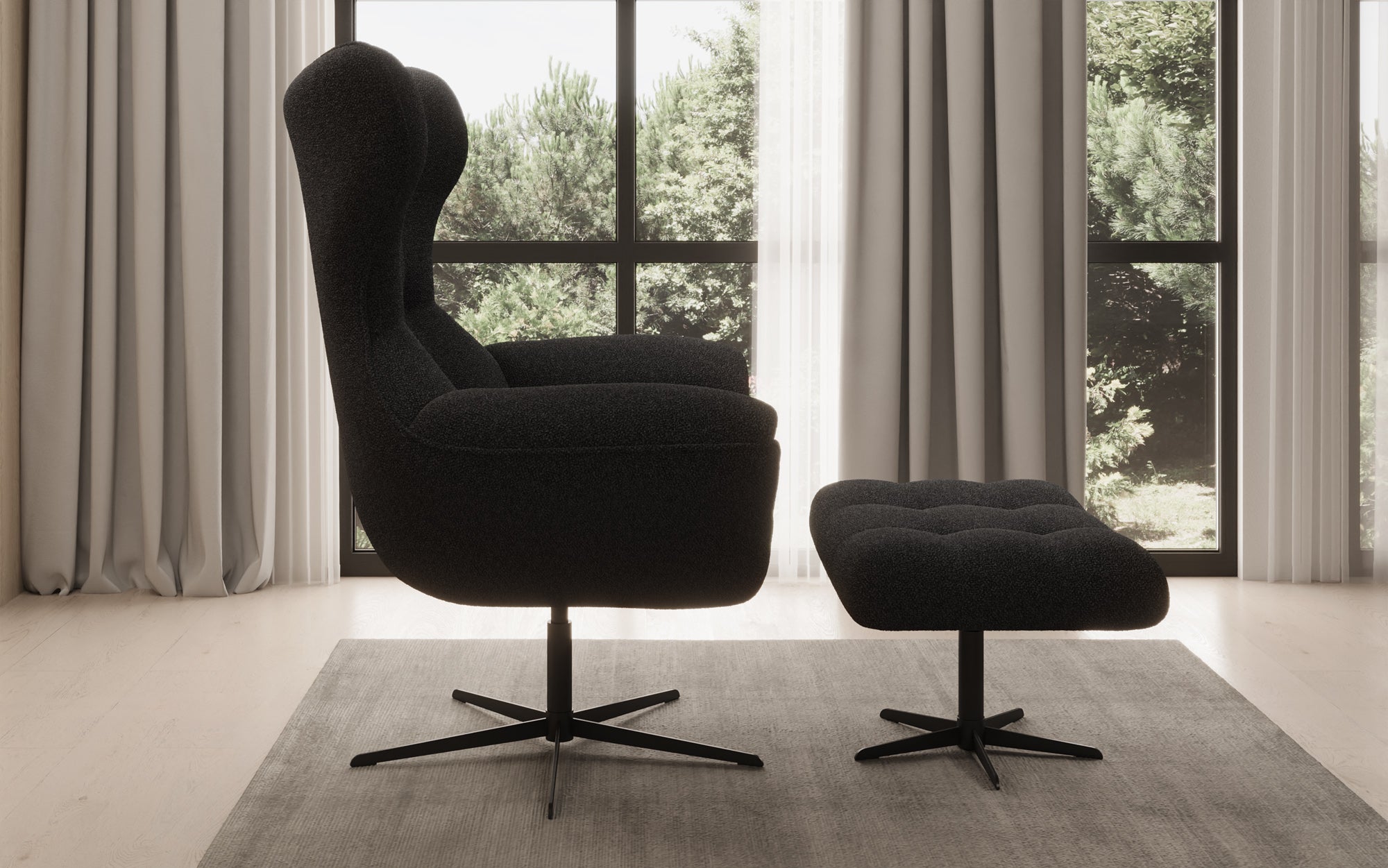 Designer bank-fauteuil Aurelio incl. bijzetkruk in Bouclé