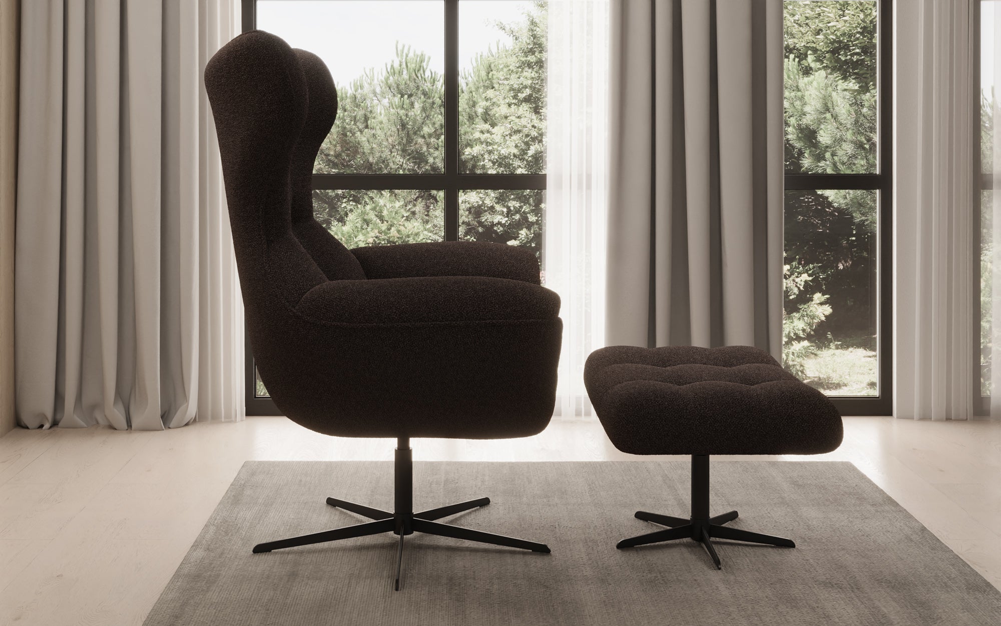 Designer bank-fauteuil Aurelio incl. bijzetkruk in Bouclé