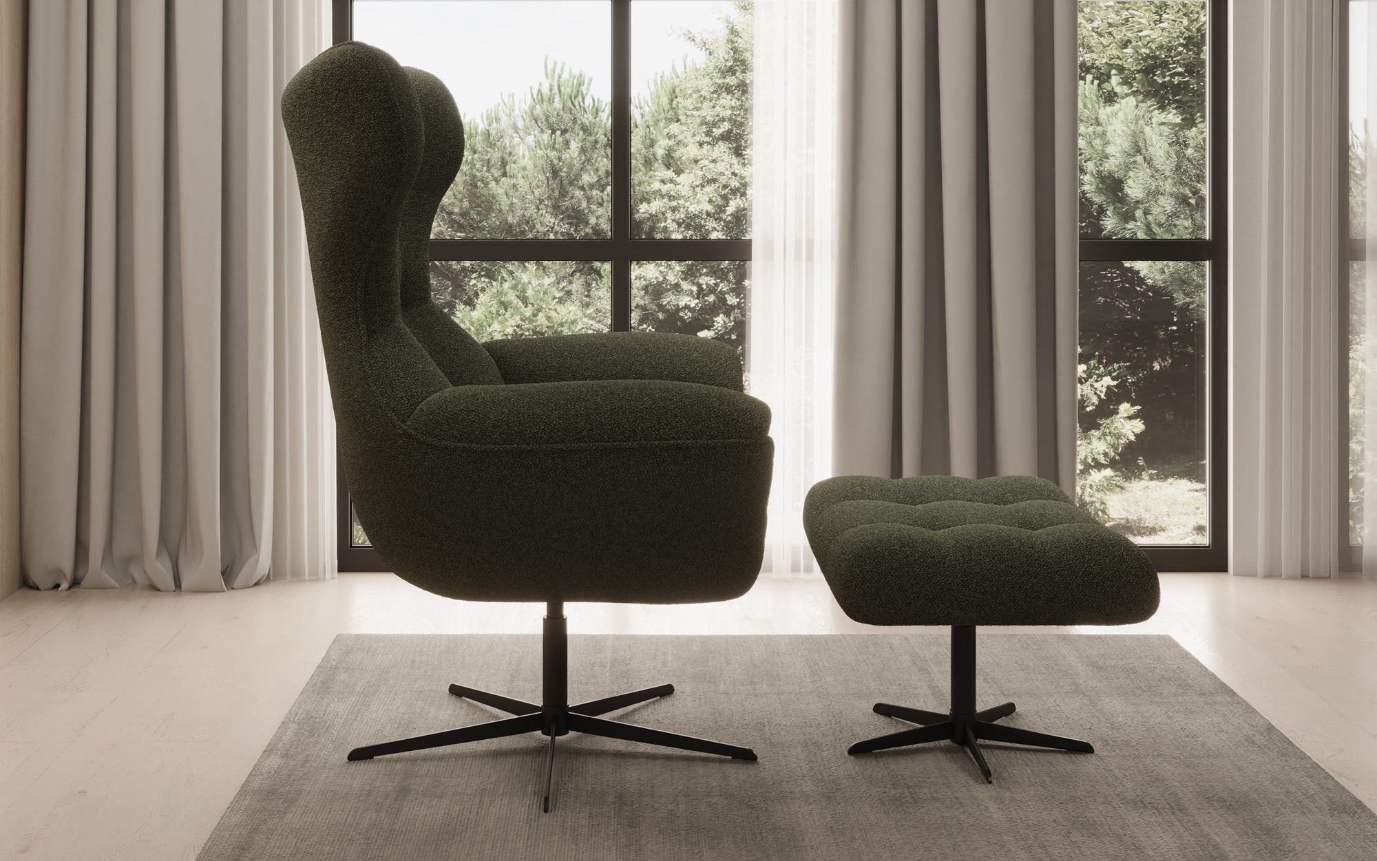 Designer bank-fauteuil Aurelio incl. bijzetkruk in Bouclé