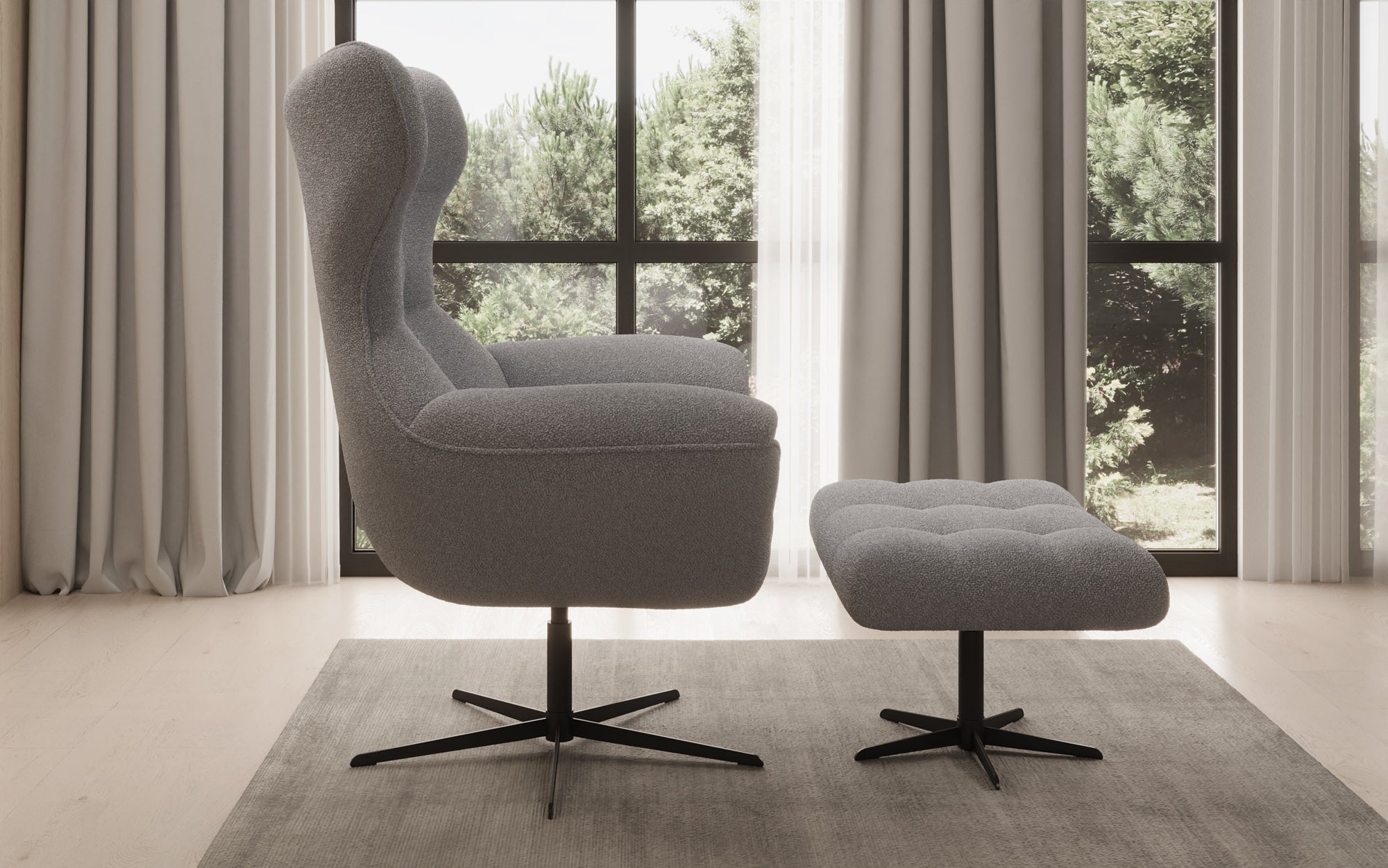 Designer bank-fauteuil Aurelio incl. bijzetkruk in Bouclé