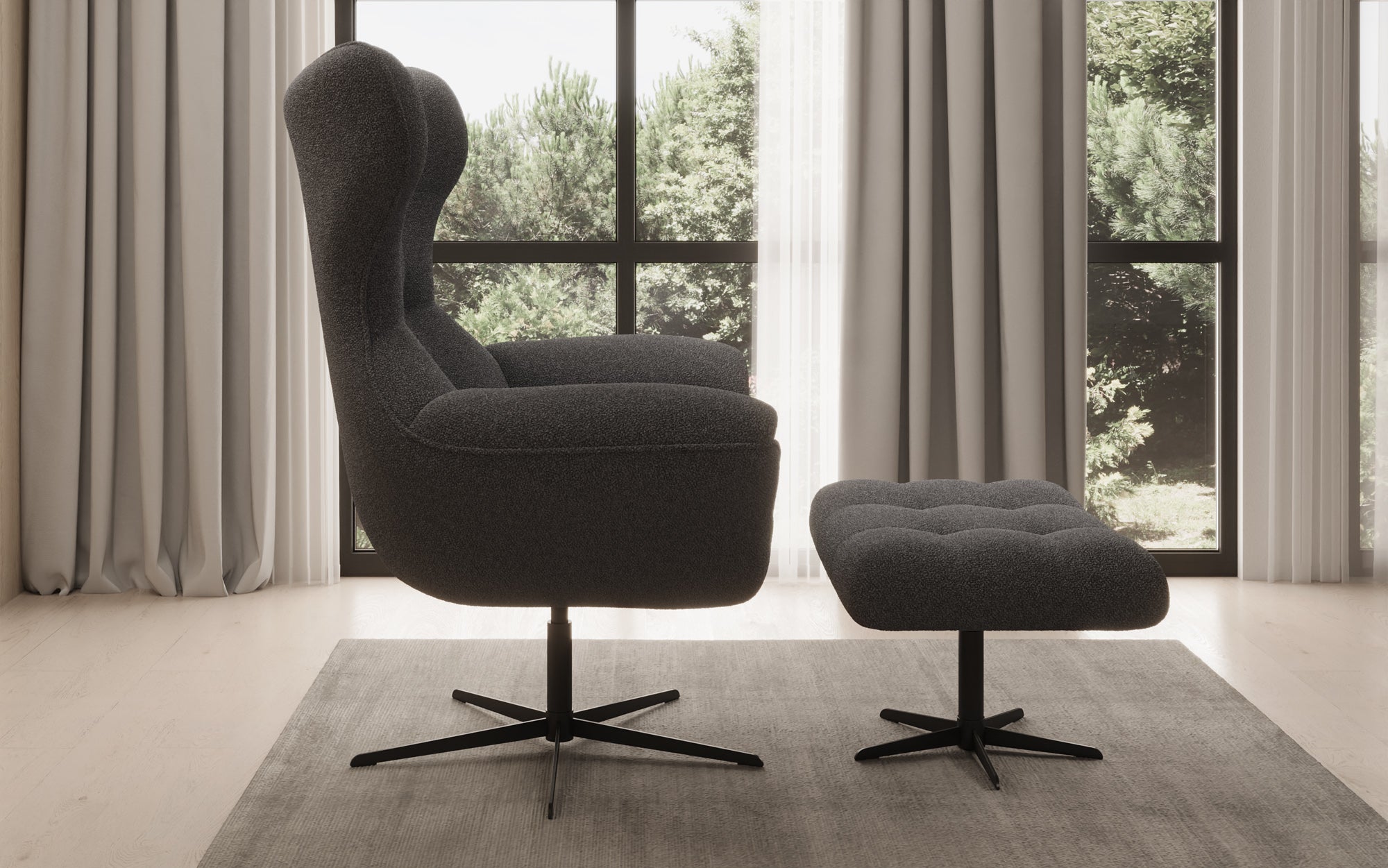 Designer bank-fauteuil Aurelio incl. bijzetkruk in Bouclé
