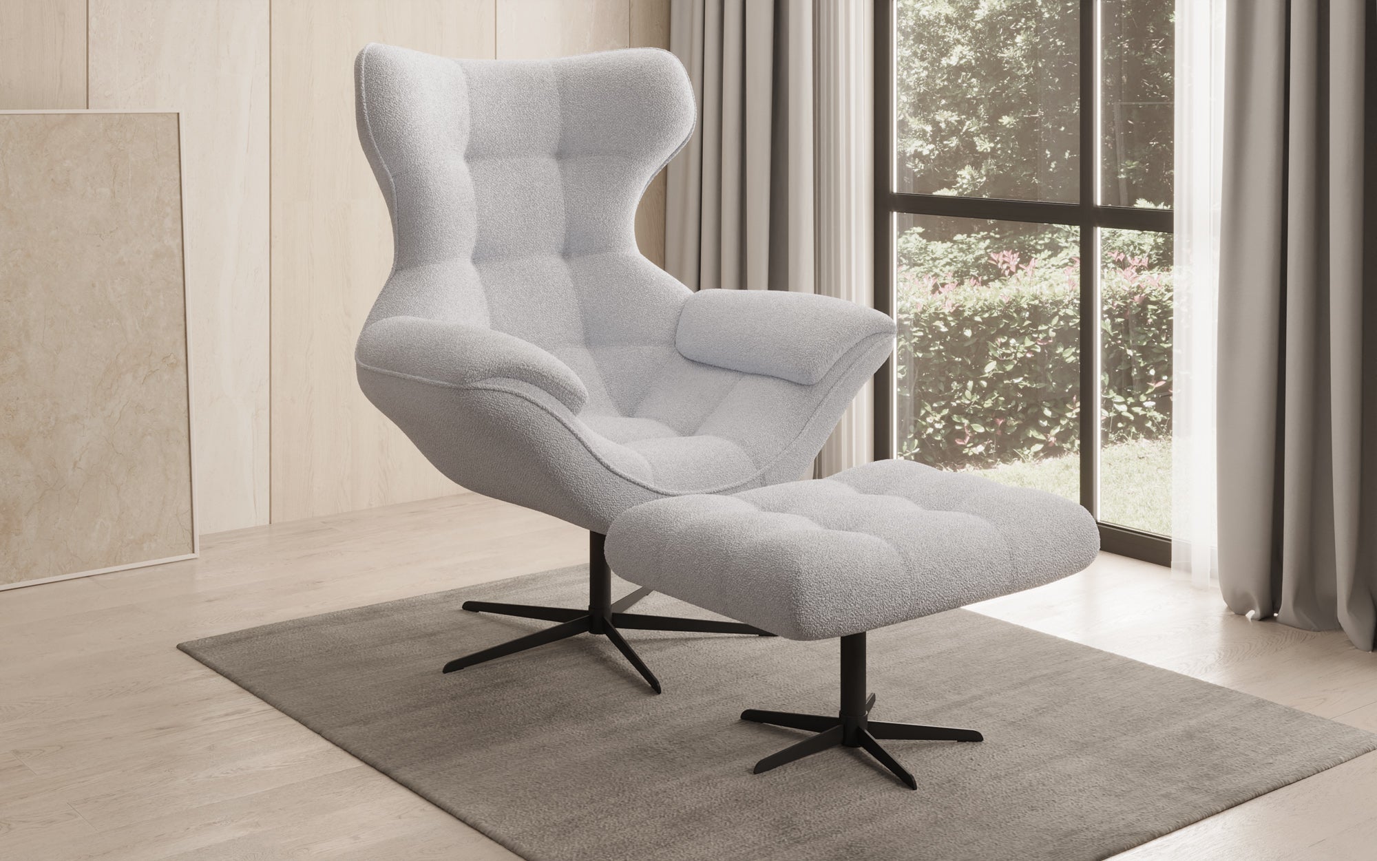 Designer bank-fauteuil Aurelio incl. bijzetkruk in Bouclé
