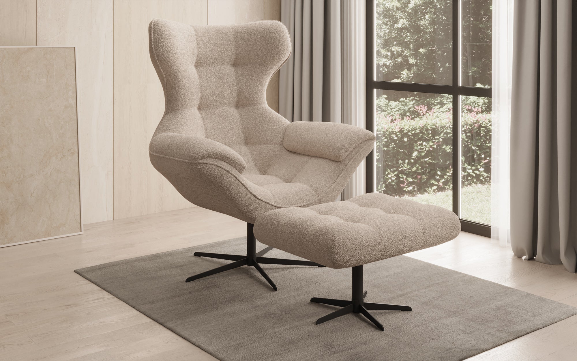 Designer bank-fauteuil Aurelio incl. bijzetkruk in Bouclé