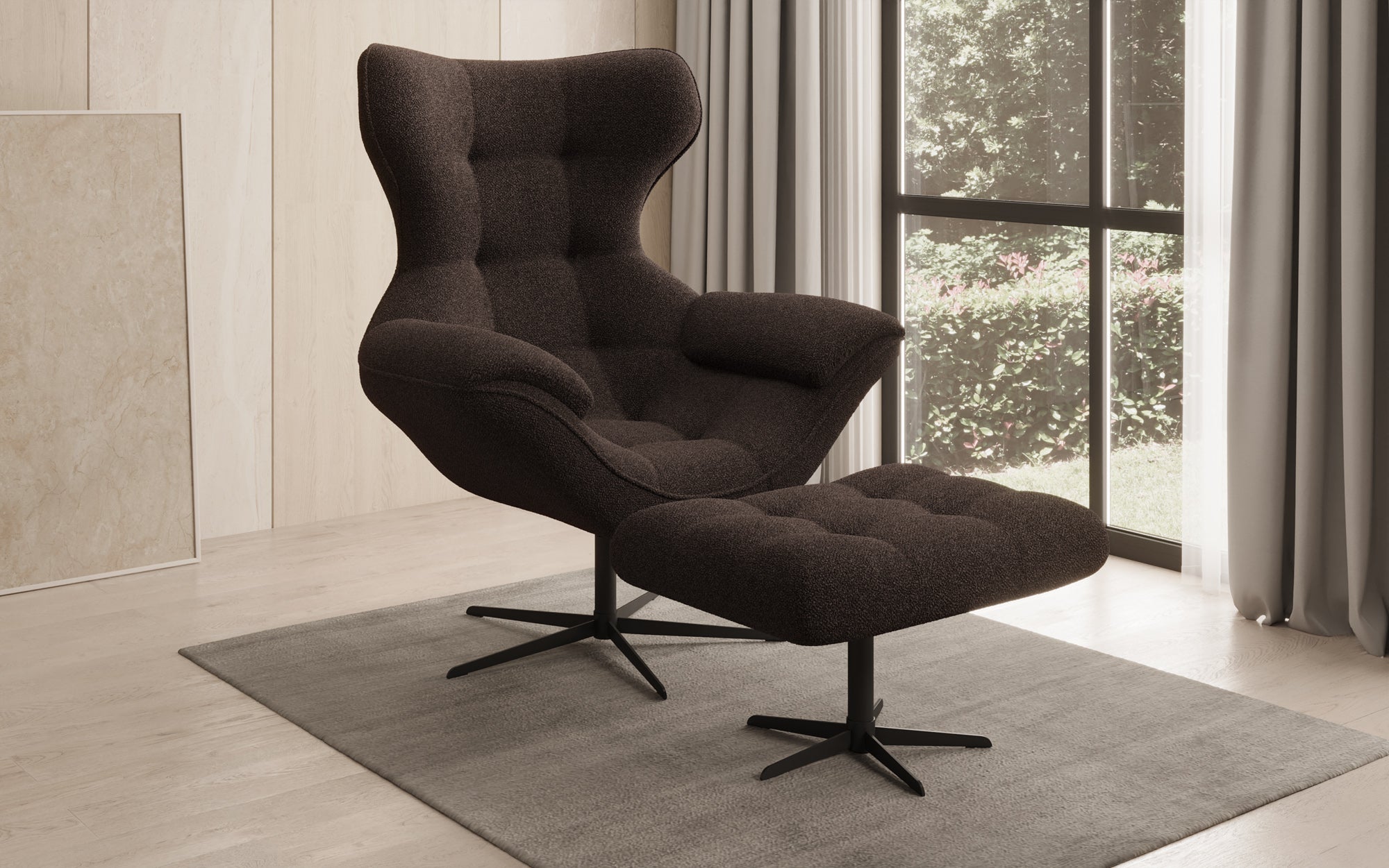 Designer bank-fauteuil Aurelio incl. bijzetkruk in Bouclé