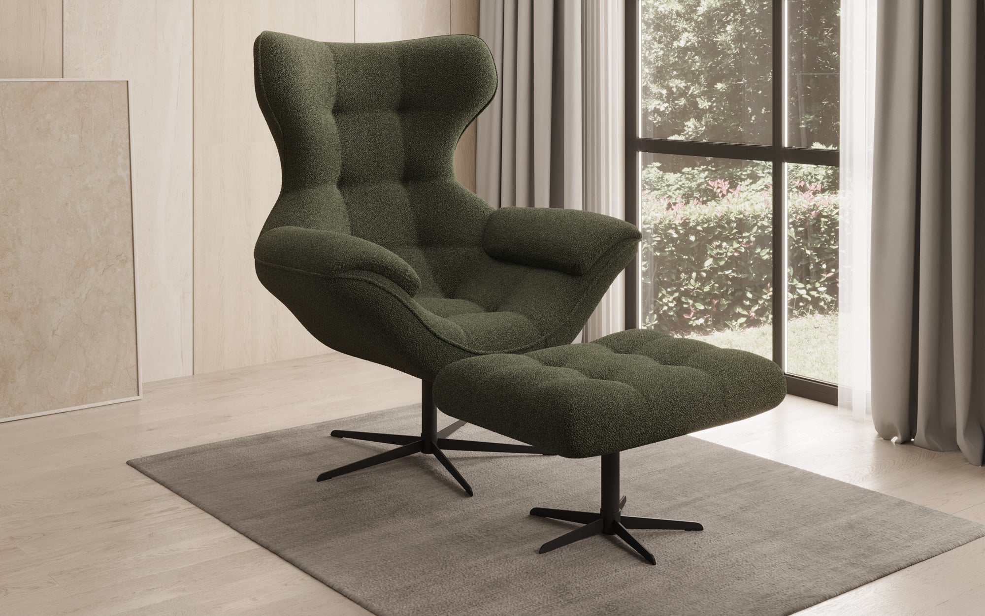 Designer bank-fauteuil Aurelio incl. bijzetkruk in Bouclé