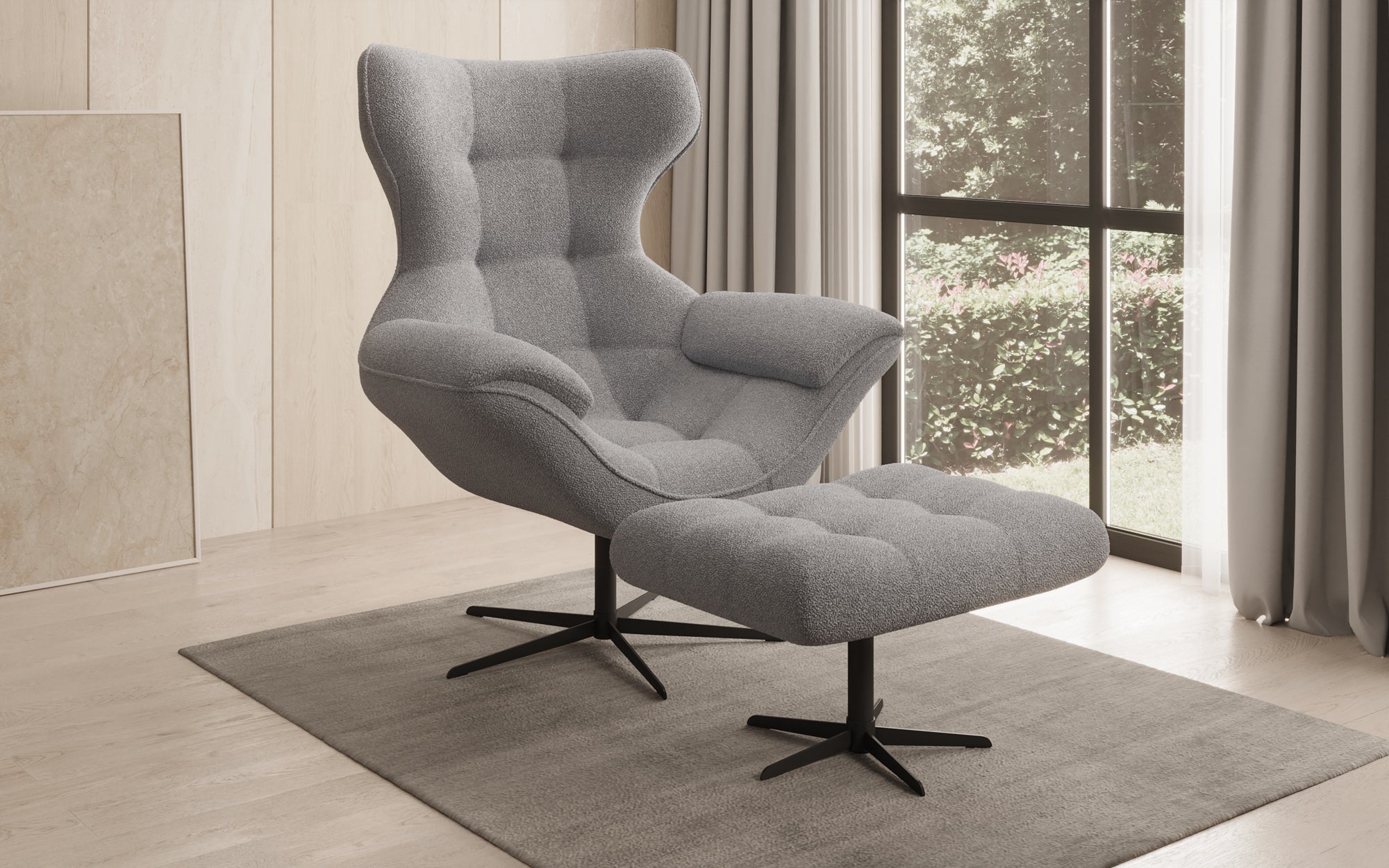Designer bank-fauteuil Aurelio incl. bijzetkruk in Bouclé