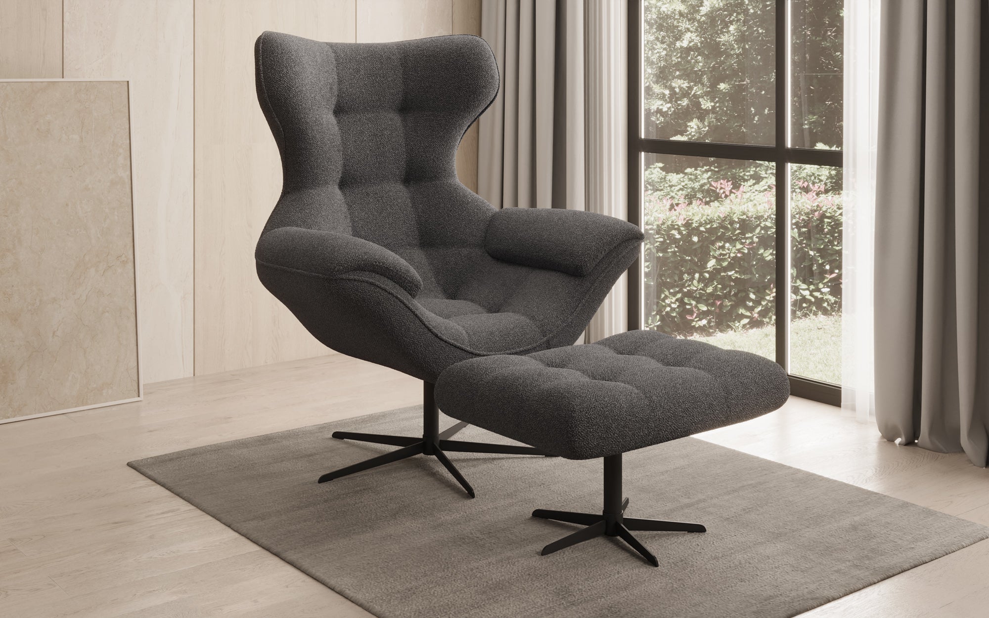 Designer bank-fauteuil Aurelio incl. bijzetkruk in Bouclé