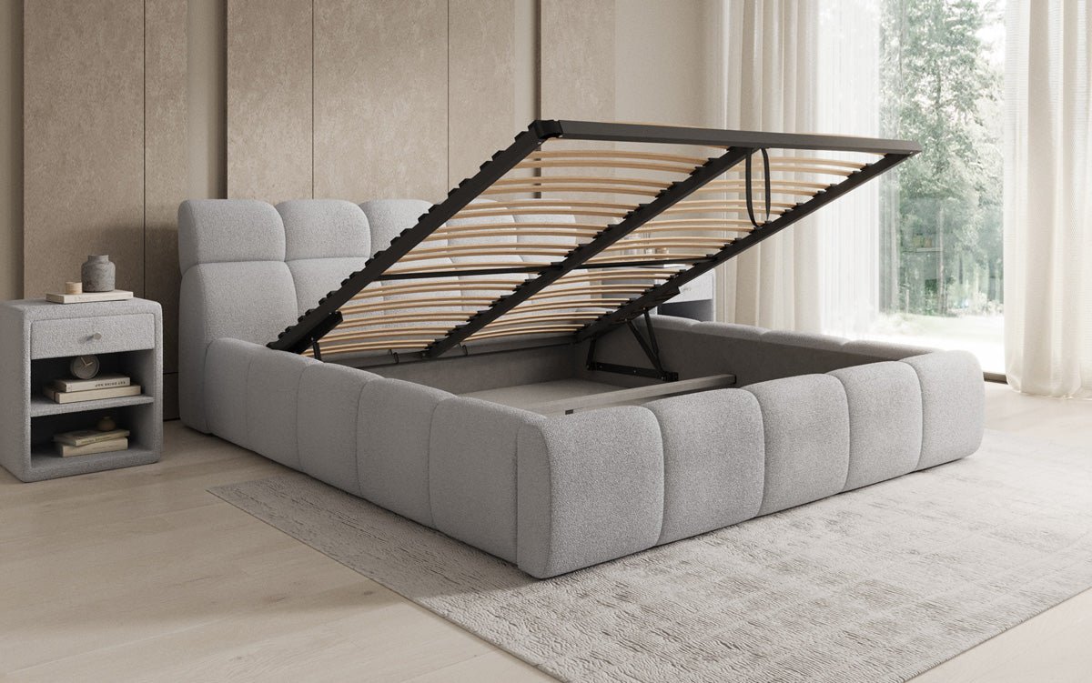 Designer gestoffeerd bed Dallas Bouclé met opbergruimte