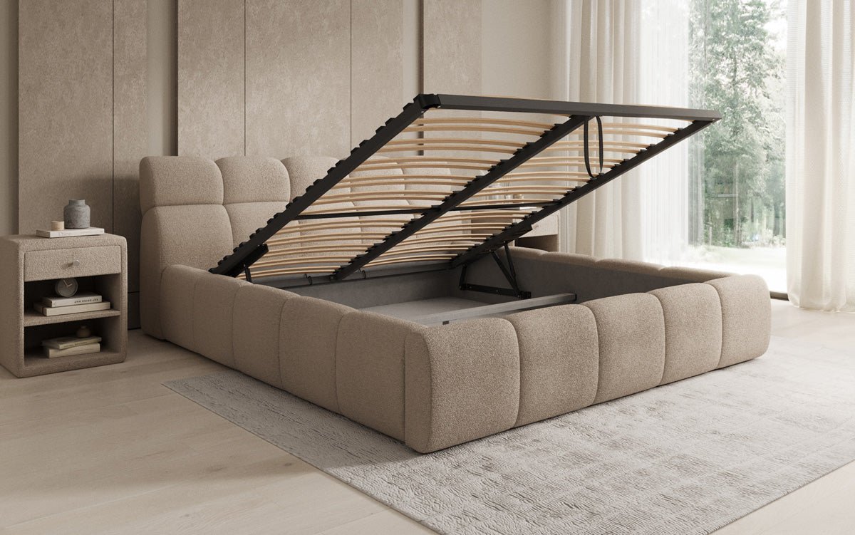 Designer gestoffeerd bed Dallas Bouclé met opbergruimte