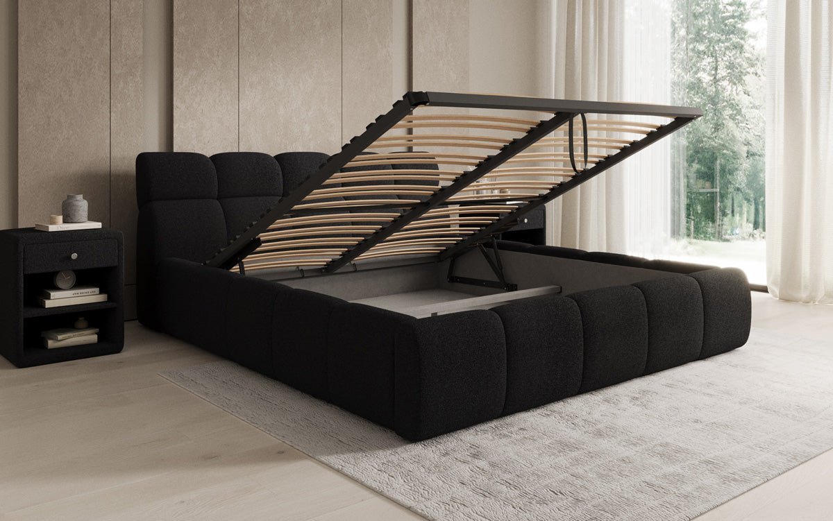 Designer gestoffeerd bed Dallas Bouclé met opbergruimte