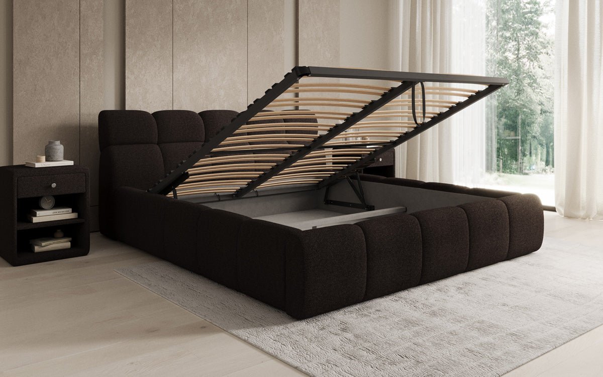 Designer gestoffeerd bed Dallas Bouclé met opbergruimte