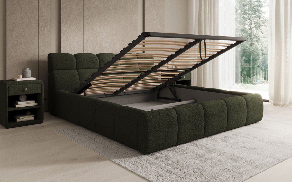 Designer gestoffeerd bed Dallas Bouclé met opbergruimte