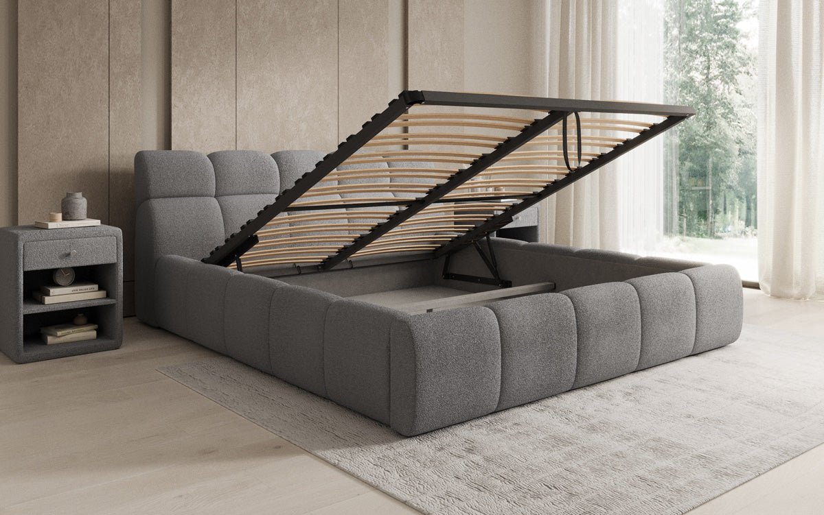 Designer gestoffeerd bed Dallas Bouclé met opbergruimte