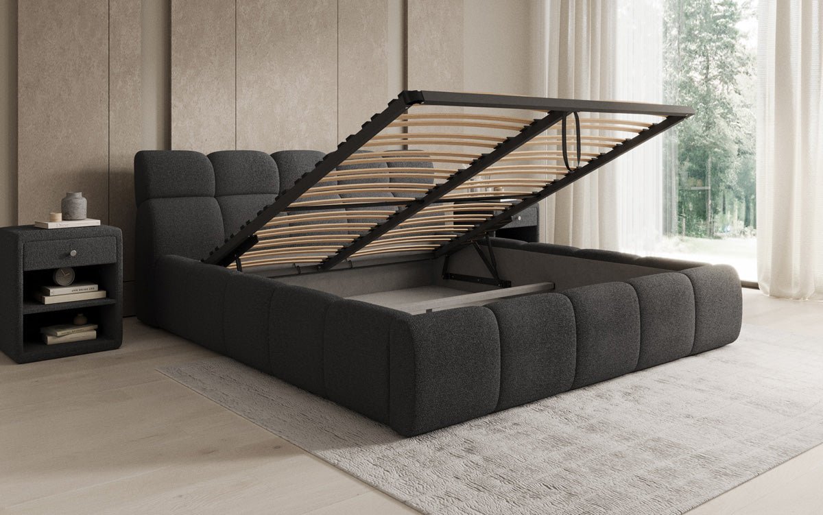 Designer gestoffeerd bed Dallas Bouclé met opbergruimte