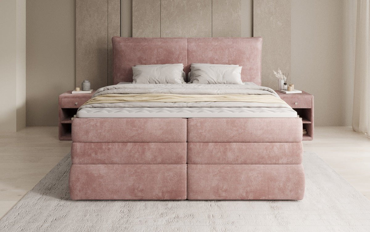 Boxspringbed Avelora met opbergruimte in Ribstof