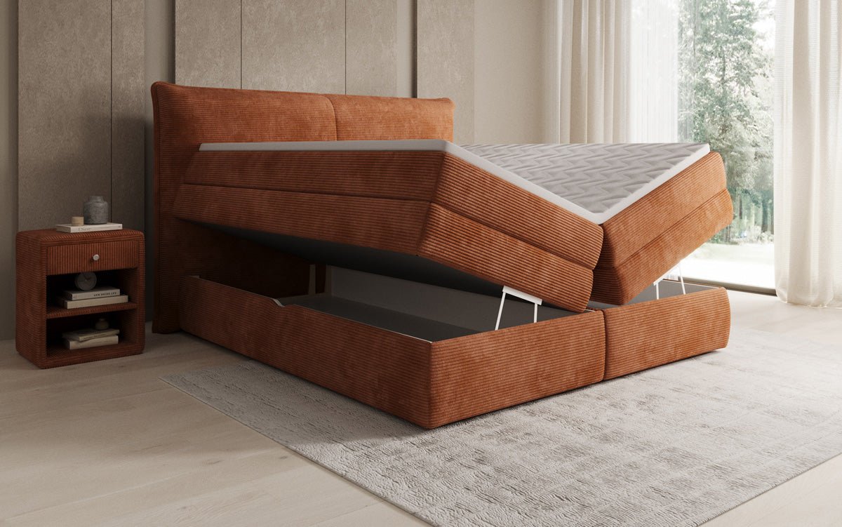 Boxspringbed Avelora met opbergruimte in Ribstof