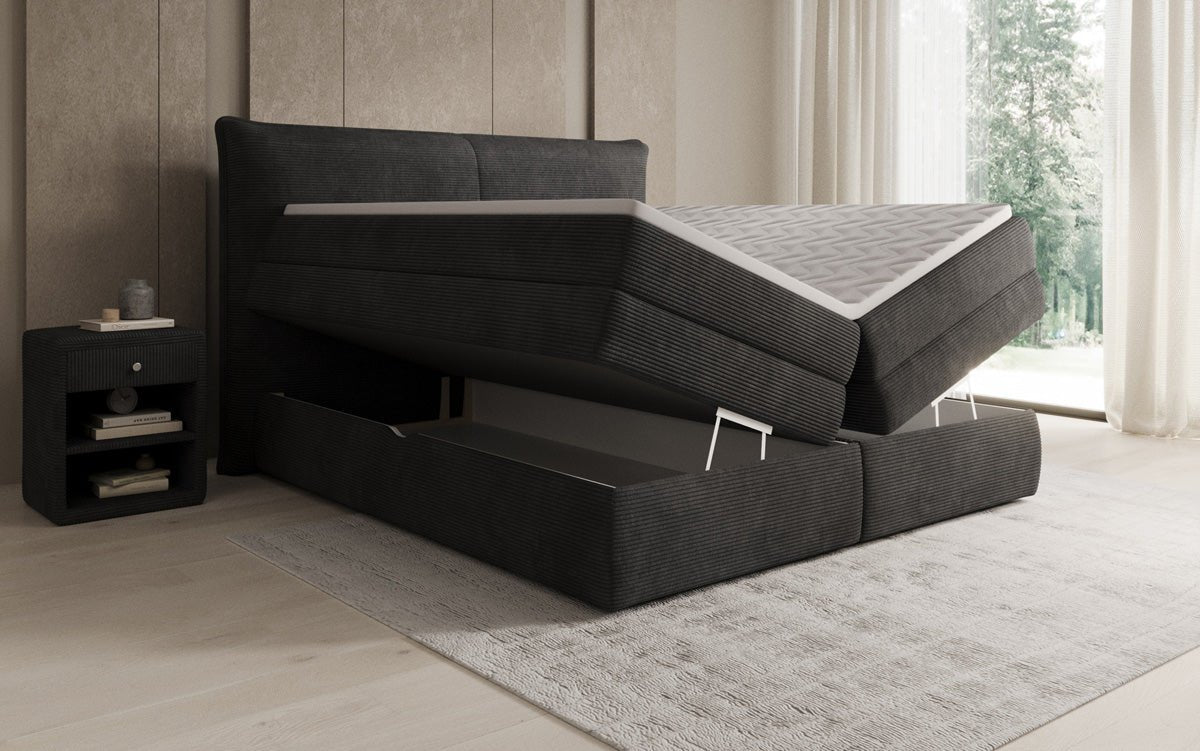 Boxspringbed Avelora met opbergruimte in Ribstof