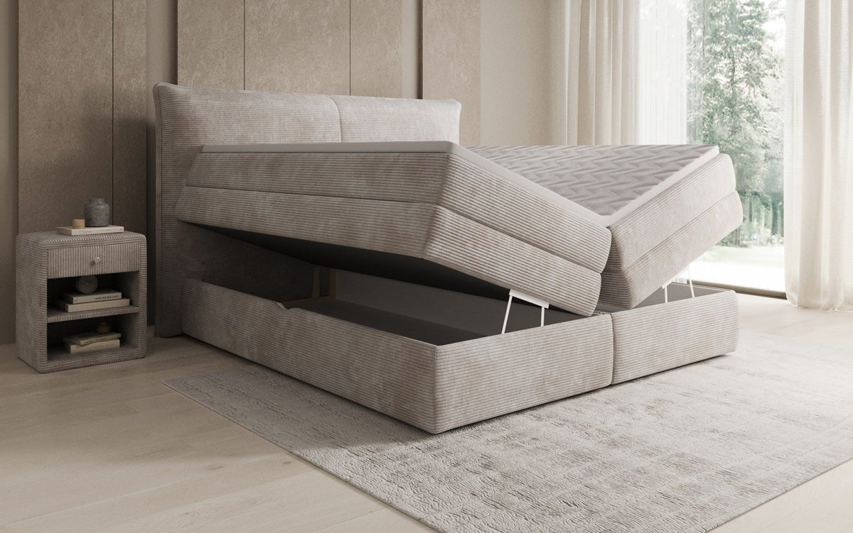 Boxspringbed Avelora met opbergruimte in Ribstof