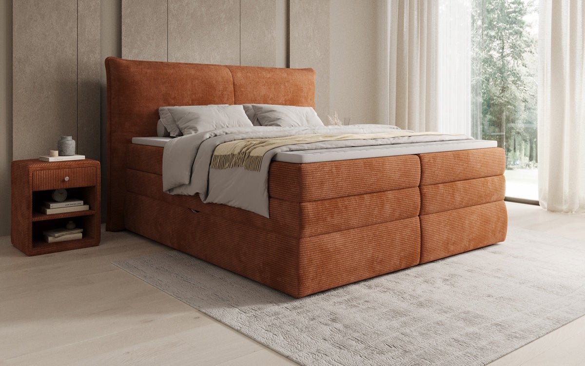 Boxspringbed Avelora met opbergruimte in Ribstof