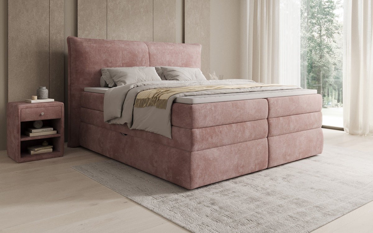 Boxspringbed Avelora met opbergruimte in Ribstof