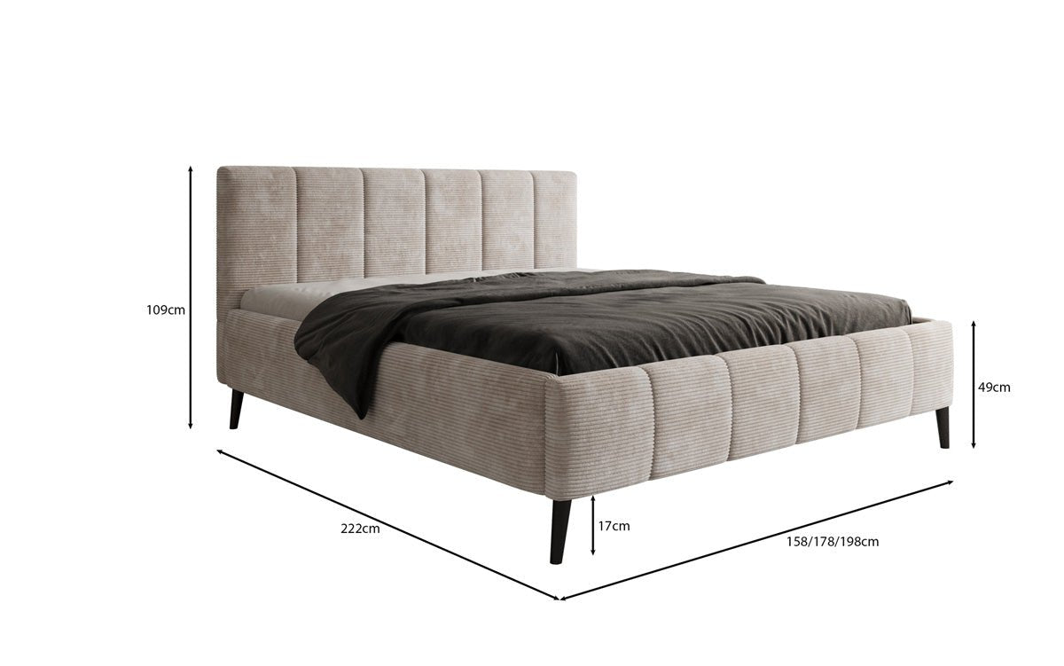 Designer Polsterbed Valerio in Ribstof met in hoogte verstelbare lattenbodem