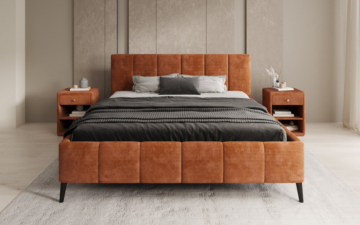 Designer Polsterbed Valerio in Ribstof met in hoogte verstelbare lattenbodem