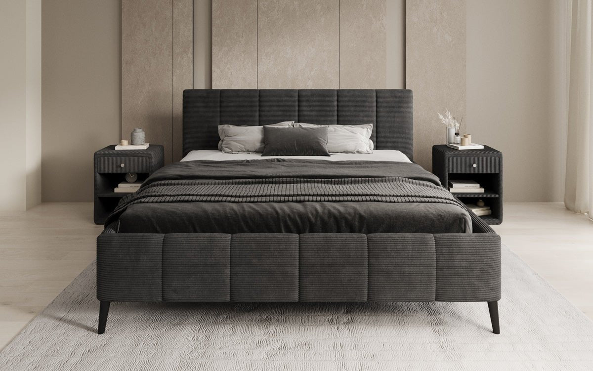 Designer Polsterbed Valerio in Ribstof met in hoogte verstelbare lattenbodem