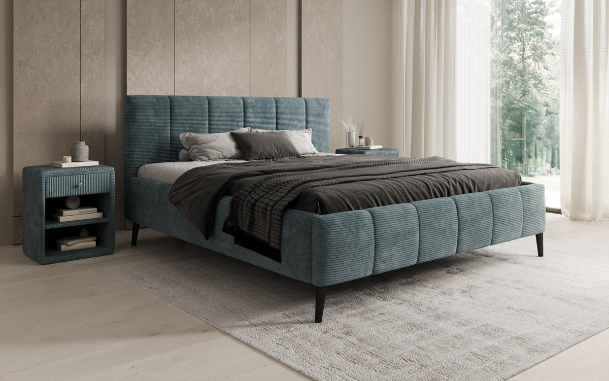 Designer Polsterbed Valerio in Ribstof met in hoogte verstelbare lattenbodem