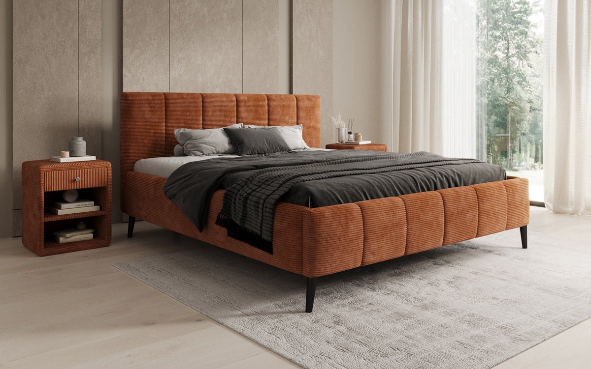 Designer Polsterbed Valerio in Ribstof met in hoogte verstelbare lattenbodem