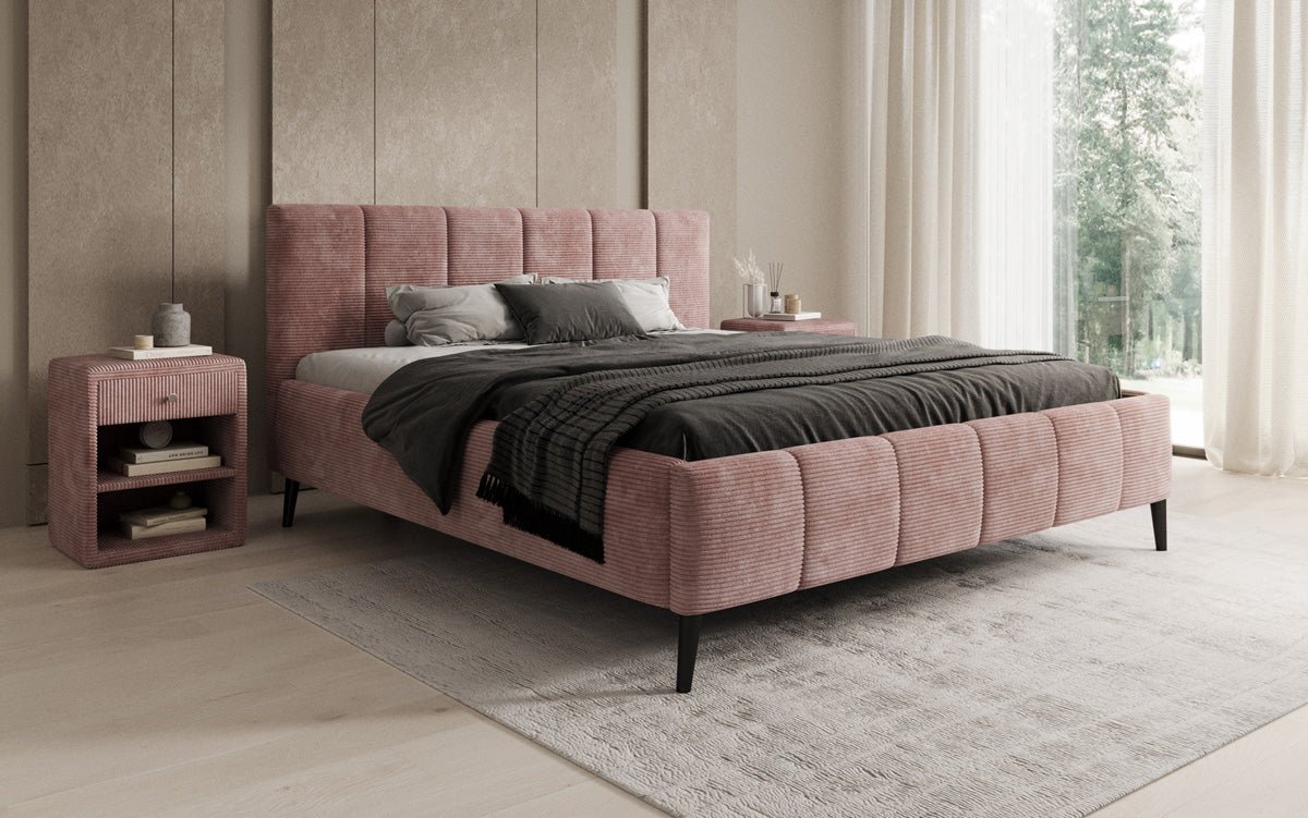 Designer Polsterbed Valerio in Ribstof met in hoogte verstelbare lattenbodem